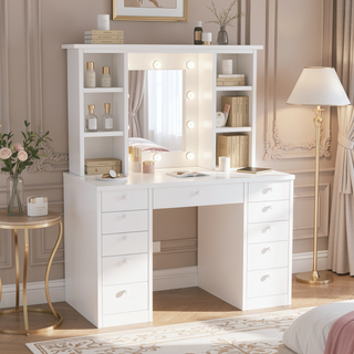 Sunvega Makeup Vanity Desk with 11 Drawers and Large Storage, 10 Bulb LED Mirror with 3 Lighting Modes