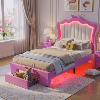 Sunvega Twin Size Upholstered Princess Bed with Crown Headboard and LED Lights