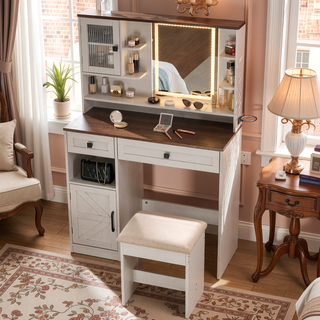 Sunvega Farmhouse Makeup Vanity Desk with Mirror Lights and Charging Station