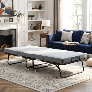Sunvega Foldable Guest Bed with 4" Mattress on Sturdy Metal Frame and Wheels for Space Saving