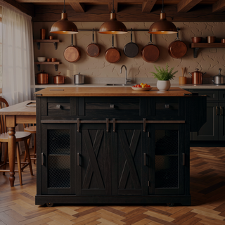 Sunvega Farmhouse Kitchen Island with Storage Sliding Barn Door Drop Leaf and Charging Station