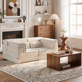 Sunvega Convertible Modular Sectional Mahjong Sofa Bed with Ottoman in Circle Fleece Fabric