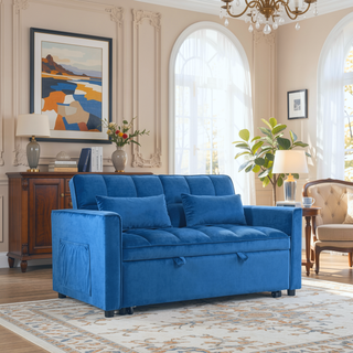 Sunvega Pink Velvet Convertible Sofa Bed with Reclining Backrest and Storage Pockets