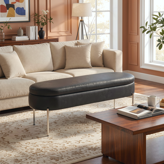 Sunvega Glam Contemporary Storage Bench with Black Faux Leather and Chrome Base