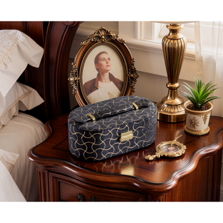 Sunvega Black Gold Piped Leatherette Jewelry Organizer Case with Mirror