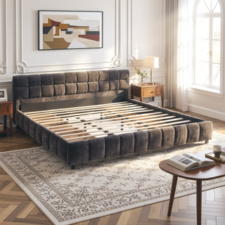 Sunvega Modern King Size Upholstered Bed with Storage Drawers and Soft Chenille Fabric