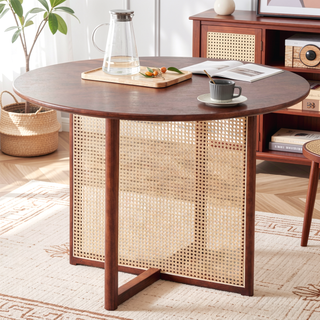 Sunvega Chinese Country Retro Walnut Solid Wood Round Table with Imitation Rattan Legs