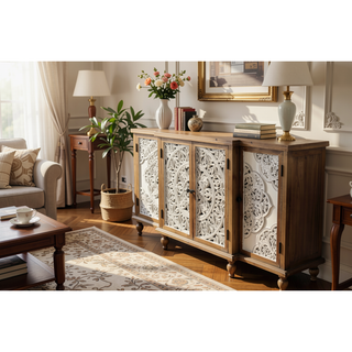 Sunvega Handmade Hollow-Carved Accent Cabinet with Adjustable Shelf Distressed Wood