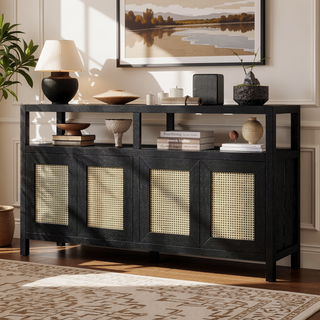 Sunvega Bohemian Style Rattan Buffet Cabinet with Solid Wood Frame and Adjustable Shelves for Living Dining Rooms