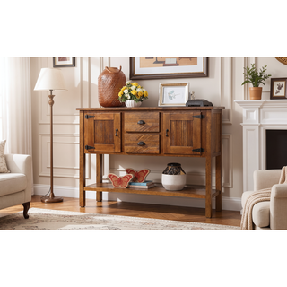 Sunvega Retro Style Solid Pine Wood Sideboard Console Table with 2 Drawers and Cabinets