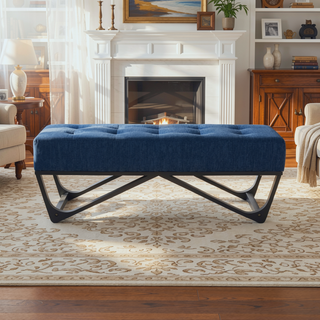 Sunvega Modern Ottoman Bench with Button-Tufted Waffle Stitch and Geometric Legs