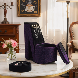 Sunvega High Heel Shoe Design Purple Velvet Jewelry Box with Display Hooks