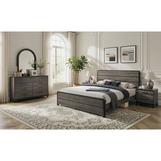 Sunvega Antique Grey Finish Wood King Bed Set with Dresser Mirror Nightstand Chest