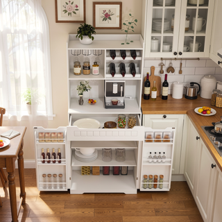 Sunvega Modern Farmhouse White Buffet Cabinet with Hutch for Kitchen Storage and Dining Room