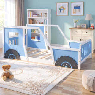 Sunvega Twin Size Blue Classic Car-Shaped Platform Bed with Wheels