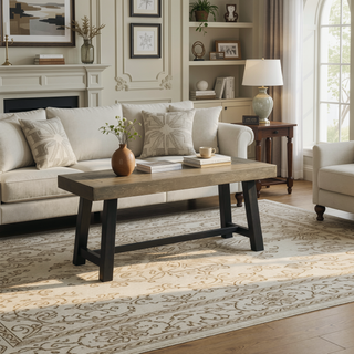 Sunvega Outdoor Acacia Wood Bench with Sandblast Gray Finish and Black Legs