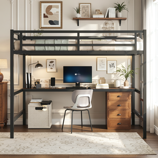 Sunvega Metal Twin XL Loft Bed with Desk, USB, LED Light, and Power Outlet