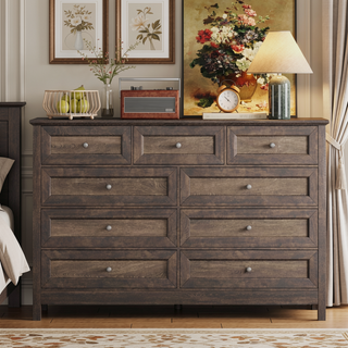 Sunvega White Wood Rustic Storage Dresser with 9 Silver Handle Drawers