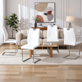 Sunvega White PU Dining Chair Set with Silver Metal Legs and High Resilience Sponge Filling