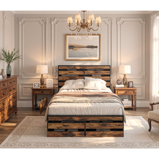 Sunvega Full Size Storage Bed Frame with LED Headboard Charging Station and 8 Drawers