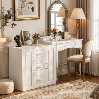Sunvega 59 Inch Makeup Vanity Desk with 3 Drawers 2 Cabinets and Storage Shelves