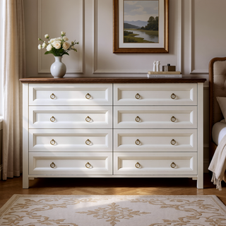 Sunvega Wooden Farmhouse 8 Drawer Dresser Chest with Barn Door Style for Bedroom