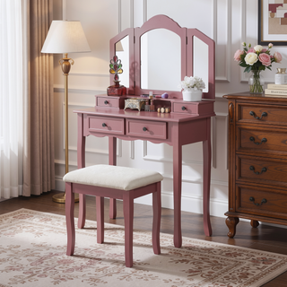 Sunvega Rose Gold Vanity Makeup Table Set with Mirror and Upholstered Bench