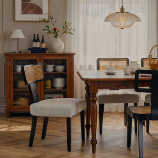 Sunvega Mid Century Modern Dining Chairs Set of 2 with Solid Wood and Rattan Net Back
