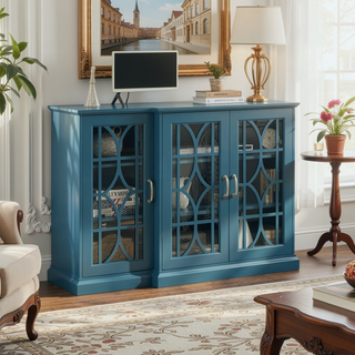 Sunvega 63" Teal Blue TV Stand with Carved Door Design and Four Storage Doors