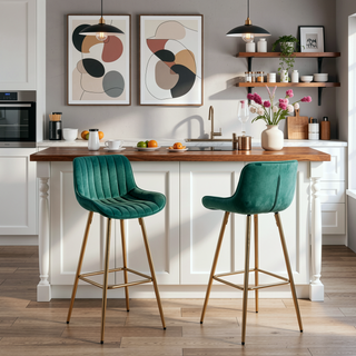 Sunvega 30 inch Set of 2 Blue Velvet Bar Stools with Chrome Footrest and Golden Legs