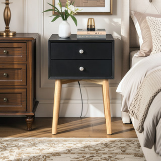 Sunvega Mid-Century Modern Bedside Table with 2 Drawers and Rubber Wood Legs