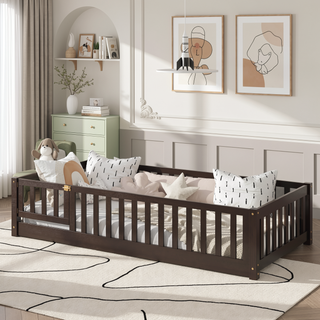 Sunvega Natural Rubber Wood Twin Size Floor Bed with Safety Guardrails and Door