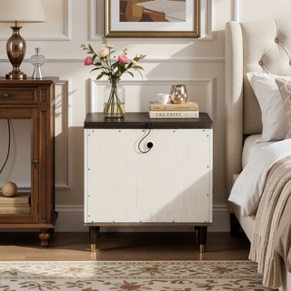 Sunvega White and Walnut Finish Nightstand with USB Port and Drawer