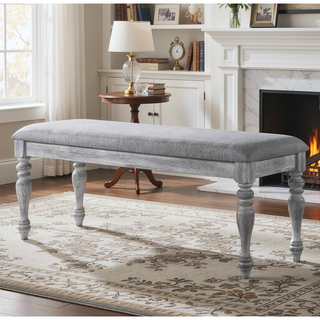 Sunvega Upholstered Turned Leg Dining Bench with Gray Seat and Rustic White Finish