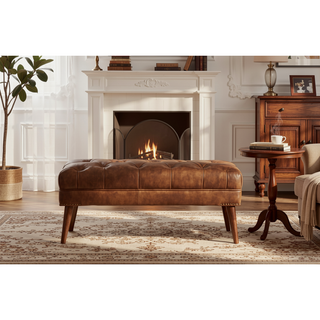 Sunvega Solid Mango Wood Brown Buffalo Leather Upholstered Bench with Deep Button