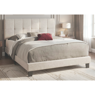 Sunvega Beige Linen Look Upholstered Queen Bed Frame with Button Tufted Headboard
