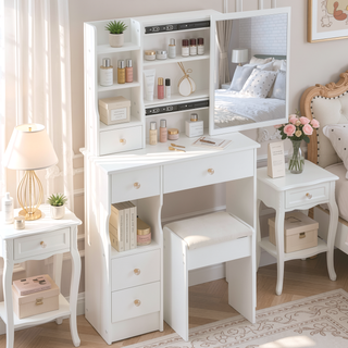 Sunvega Small Space Dressing Table with Cushioned Stool and Extra Large Sliding Mirror