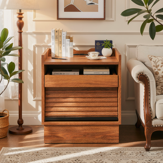 Sunvega Modern Brown Nightstand with Charging Station, Smart LED Lights, and Two Drawers