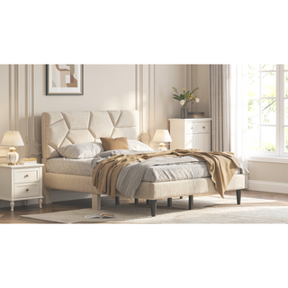 Sunvega Queen Bed Frame with Linen Storage Headboard Strong and Stable No Noise