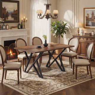 Sunvega Industrial Dining Table With Metal Legs And Distressed Walnut Finish