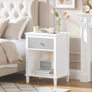 Sunvega White and Golden Kids Wooden Nightstand with One Drawer and Shelf