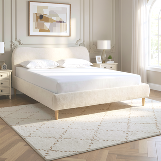 Sunvega King Upholstered Platform Bed with Curved Headboard in Oatmeal Chenille