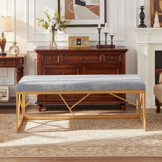 Sunvega Folia Gold Metal Frame with Grey Velvet Upholstery Bench for Entryway