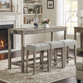 Sunvega Industrial Bar Table Set with Power Outlet and 4 Ergonomic Chairs for Living Room