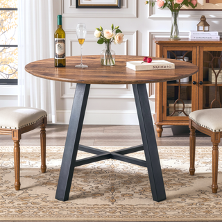 Sunvega Modern Circular Wood Dining Table with Black Metal Legs for Home and Office