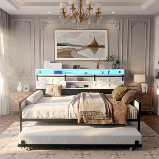 Sunvega Twin Daybed with Trundle Farmhouse Frame Sliding Barn Door Headboard Charging Station