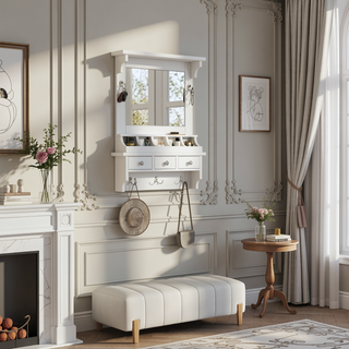 Sunvega Floating Makeup Vanity with Large Mirror Drawers Pockets and Hooks