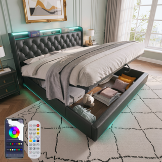 Sunvega Full Size Upholstered Bed with 360 LED Lighting Hydraulic Storage and USB Charging