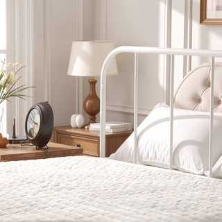 Sunvega Solid Metal Platform Bed with Rectangular Headboard and Scooped Corners, King, White