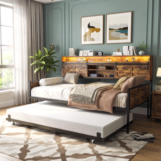 Sunvega Twin Daybed with Trundle Farmhouse Frame Sliding Barn Door Headboard Charging Station